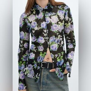 Mango Black Floral Button Down Blouse/Semi-Sheer /Long Sleeve - Size L
